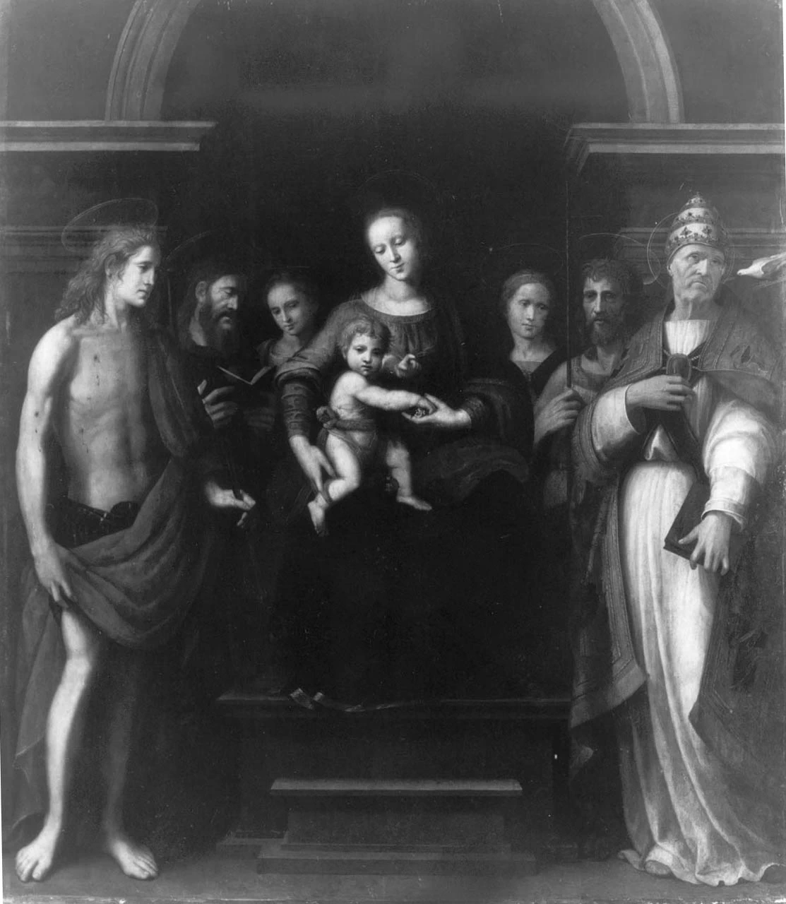 Madonna con Bambino in trono tra San Sebastiano, San Giacomo il Maggiore, San Giovanni Battista, San Gregorio Magno e due Sante - Museo Civico di Pistoia